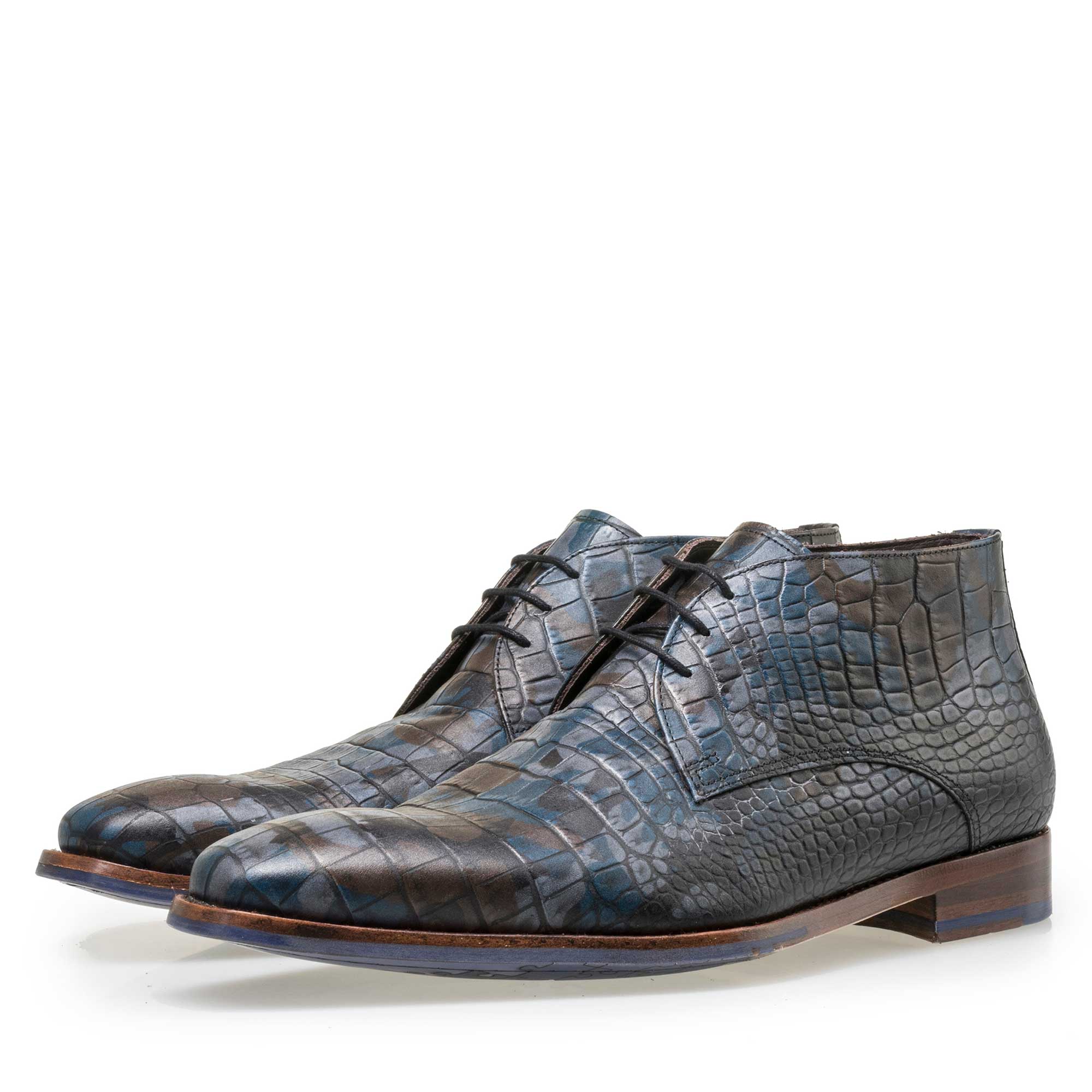 20024/01 - Floris van Bommel Premium blauwe crocoprint heren veterboot 20024/01 - Floris van Bommel Premium blauwe crocoprint heren veterboot