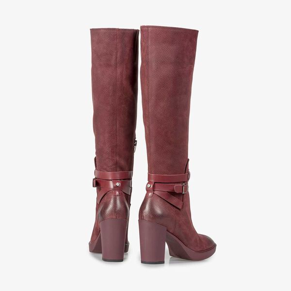 Burgundy red nubuck leather high boots with a print
