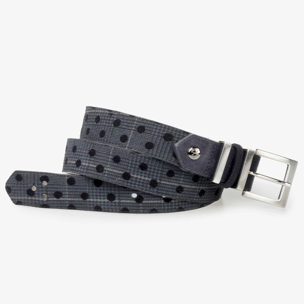 Dark blue suede leather women's belt with a check pattern