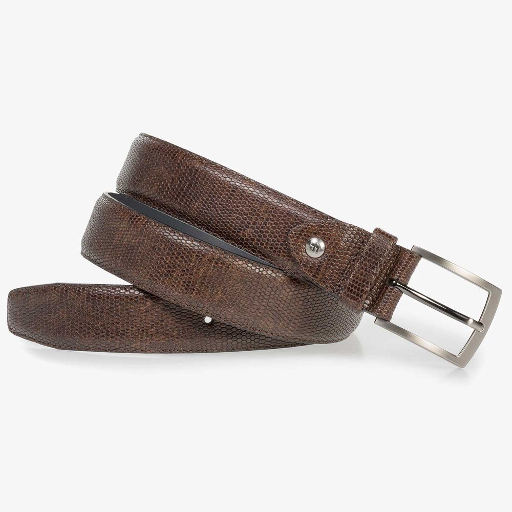 Dark brown leather belt with lizard print