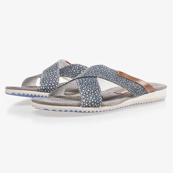Blue, printed leather slipper with cross straps