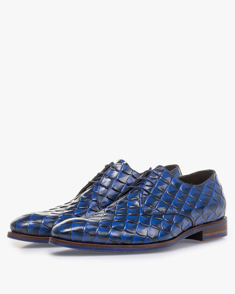 Premium blauwe leren veterschoen met print