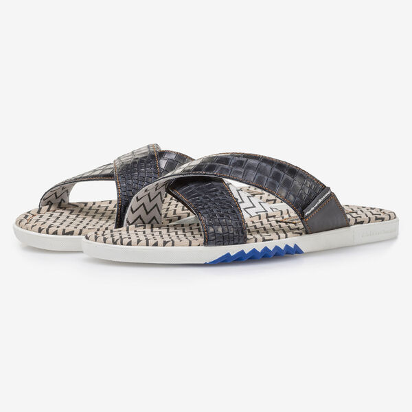 Donkerblauwe nubuckleren kruisband slipper met print
