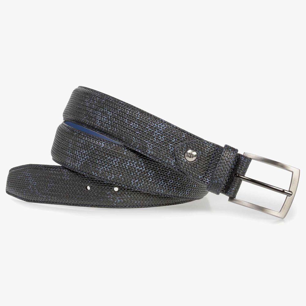 Dark blue leather belt with metallic print
