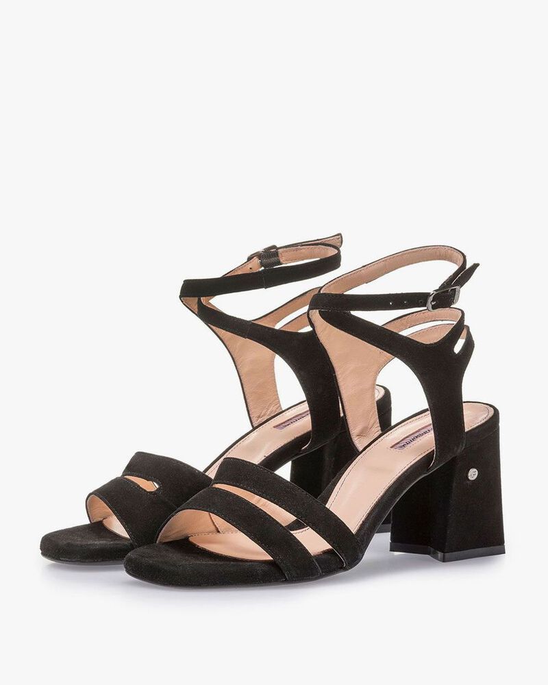 Black high-heeled suede leather sandals