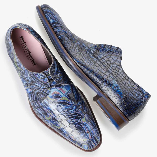 Blue Premium leather lace shoe with croco print