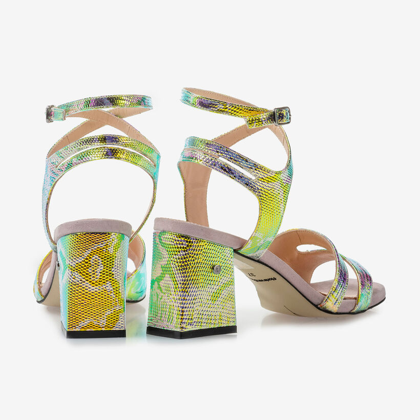 High-heeled leather sandals with green/gold metallic print