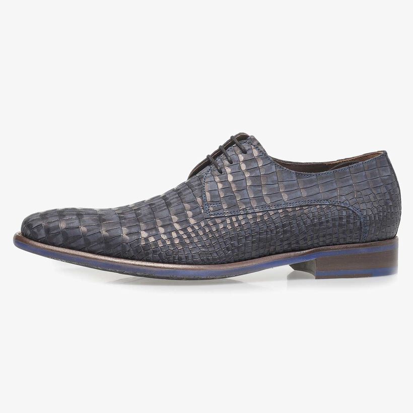 Blue nubuck leather lace shoe with croco print