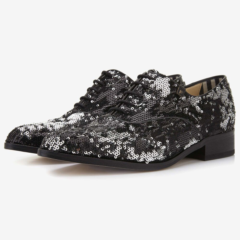 Floris van Bommel black sequined women's lace-up shoe