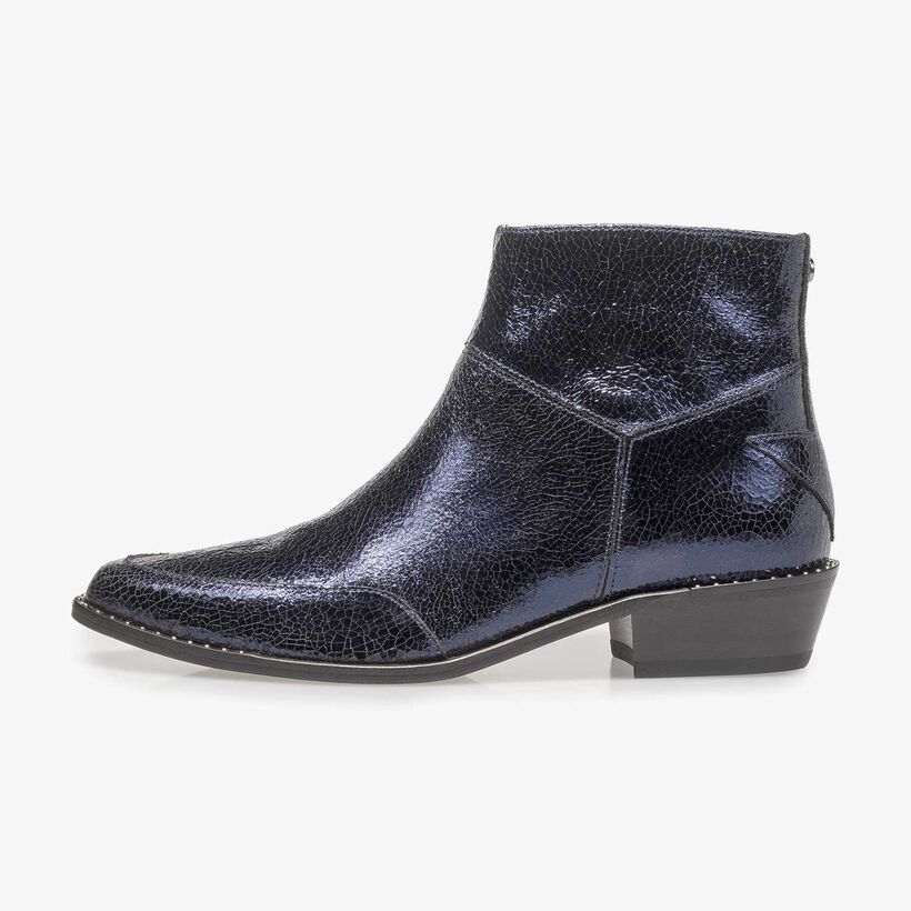 Dark blue leather ankle boots with metallic print