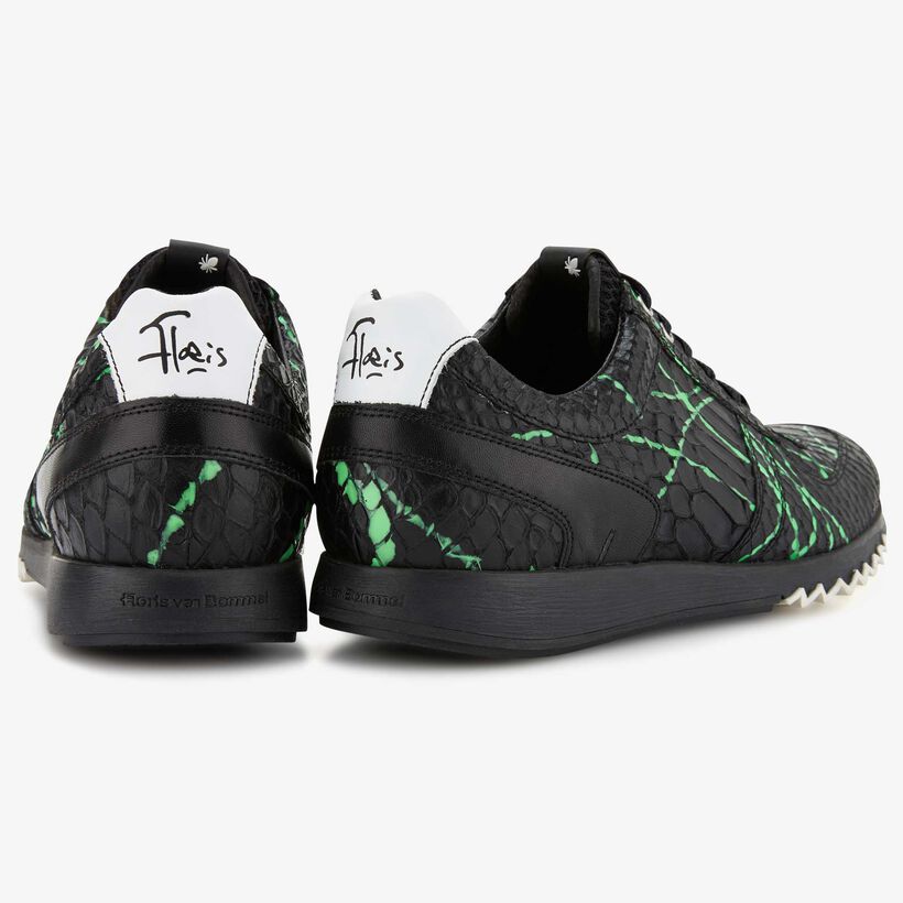 Floris van Bommel zwart-groene snakeprint leren sneaker 