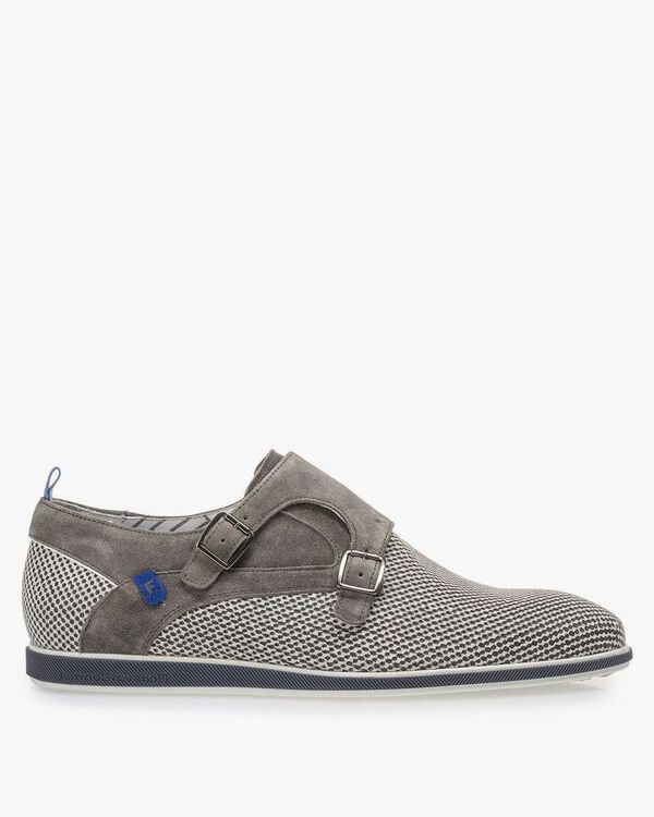 Grey suede leather monk strap with print