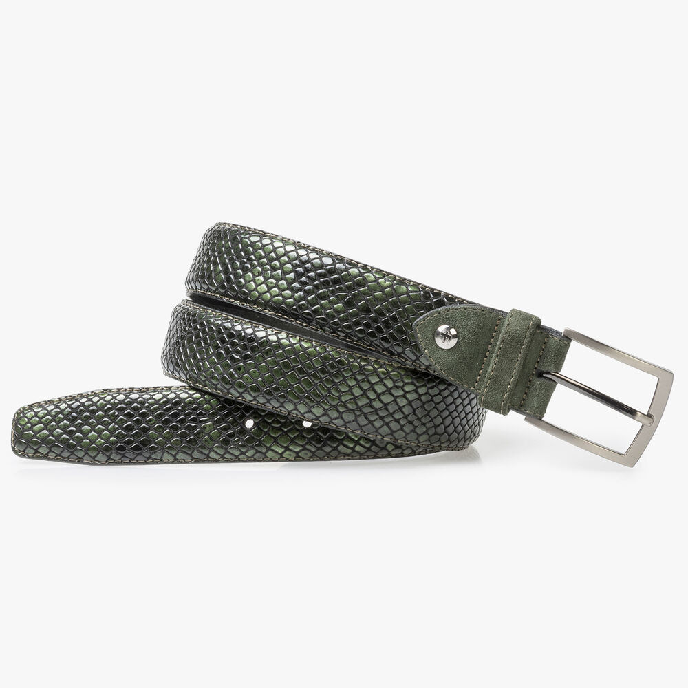 Green printed patent leather belt