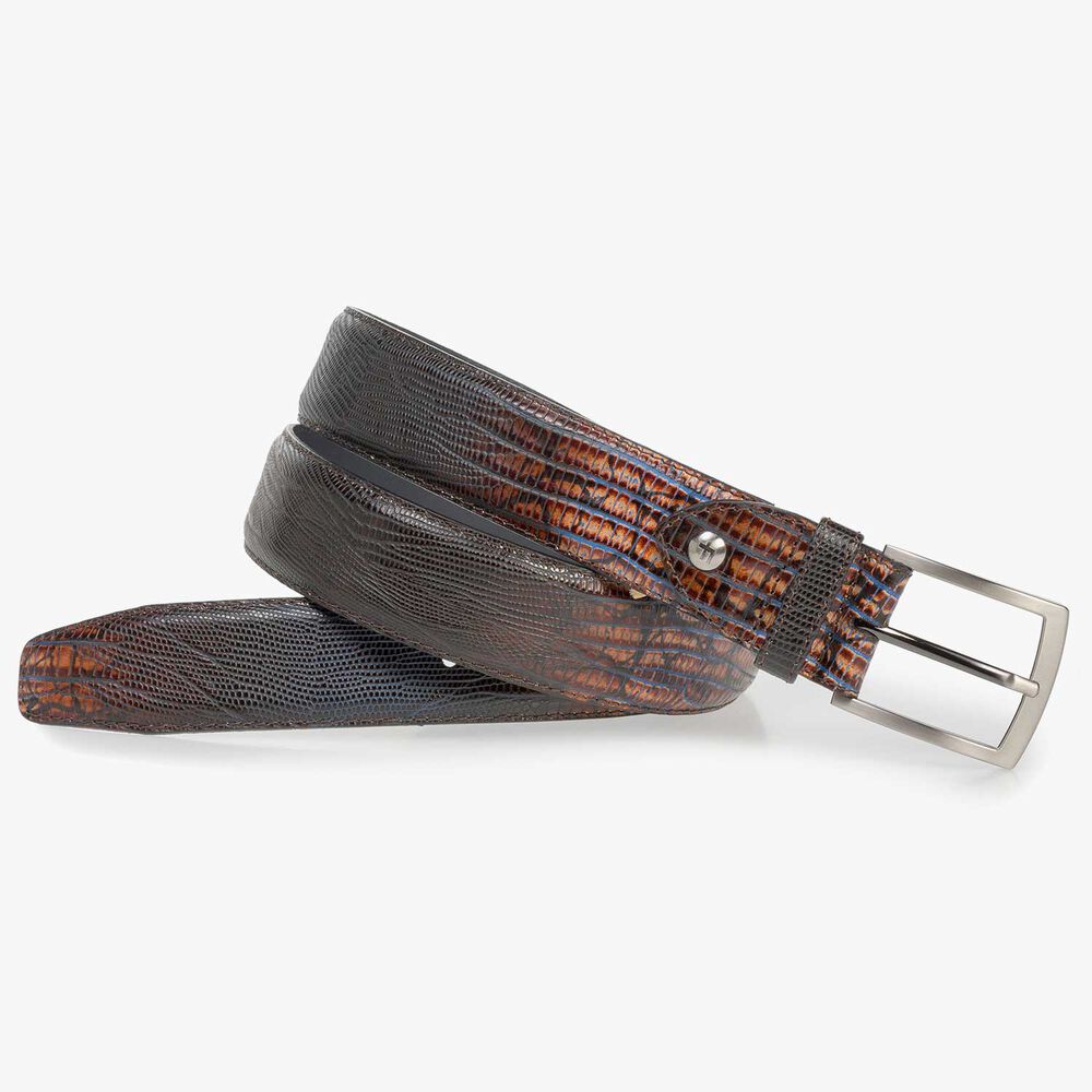 Cognac-coloured leather belt with lizard print