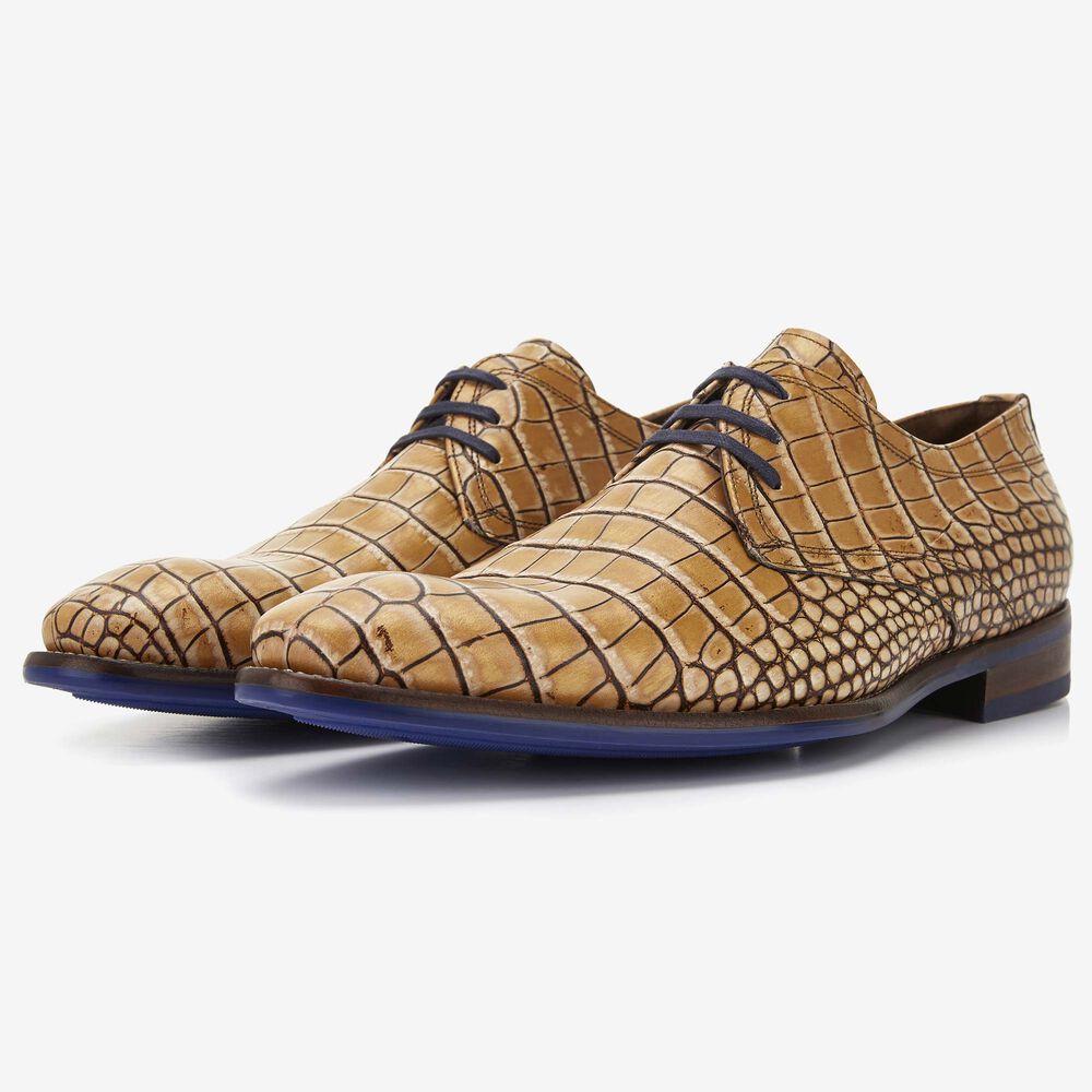 Floris van Bommel zandkleur crocoprint heren veterschoen