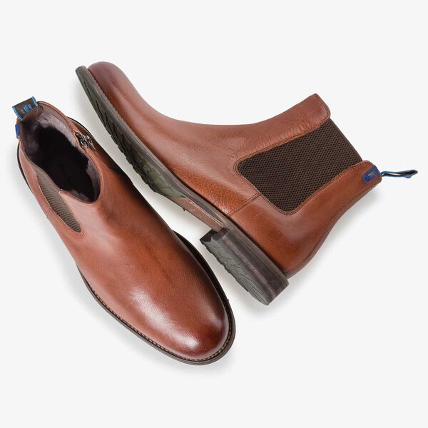Wool lined cognac-coloured leather Chelsea boot