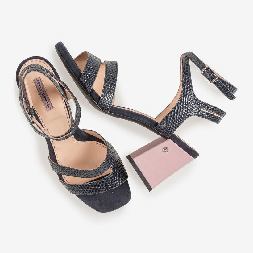 Dark blue high-heeled leather sandals with print