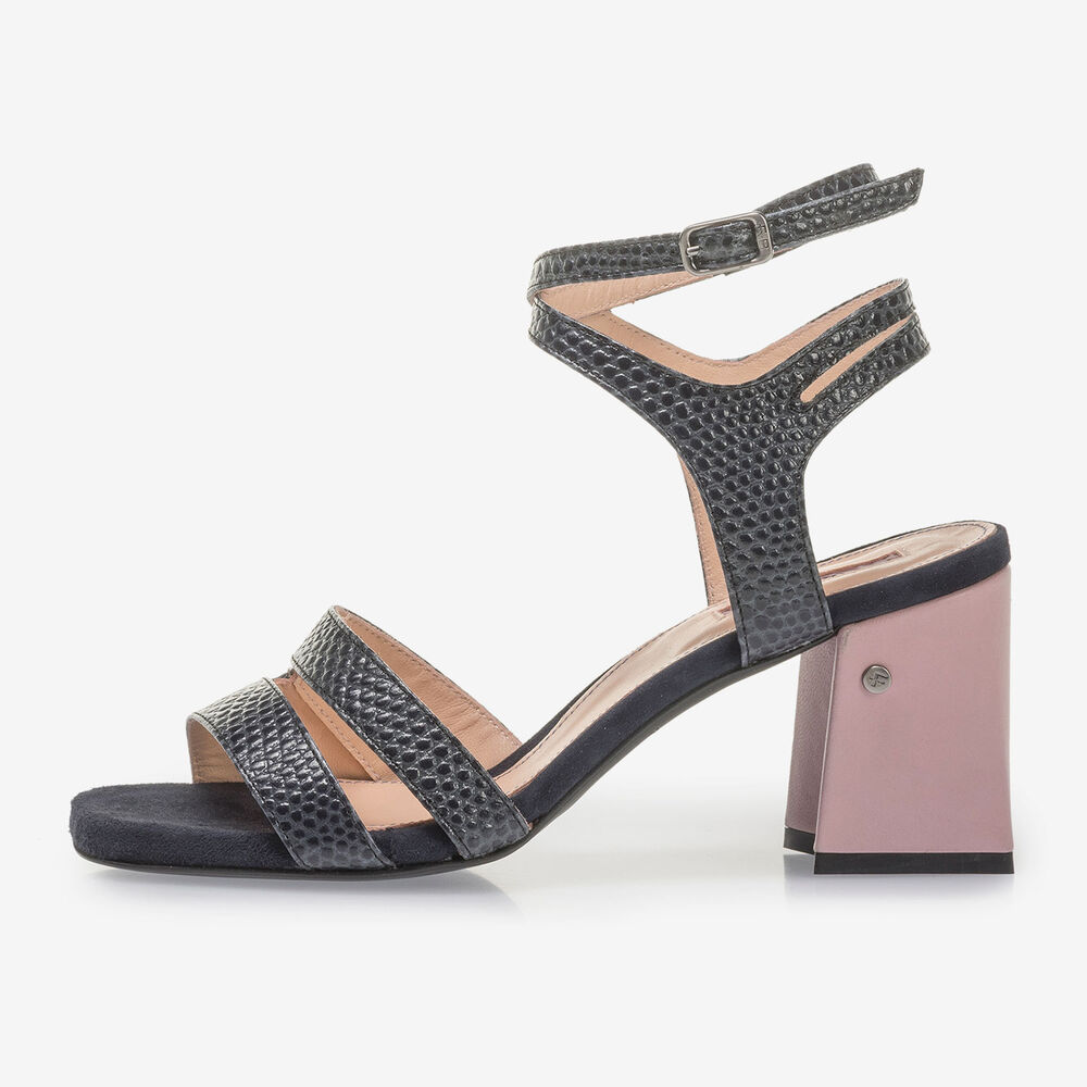 Dark blue high-heeled leather sandals with print