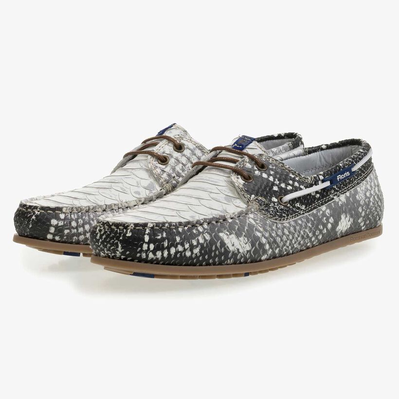 Grey leather boat shoe with snake print