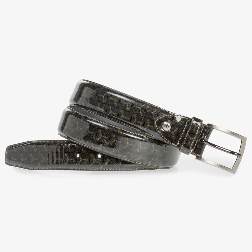 Olive green patent leather belt with print