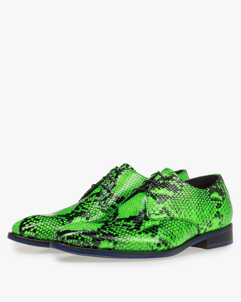 Premium fluorescent green leather lace shoe with snake print
