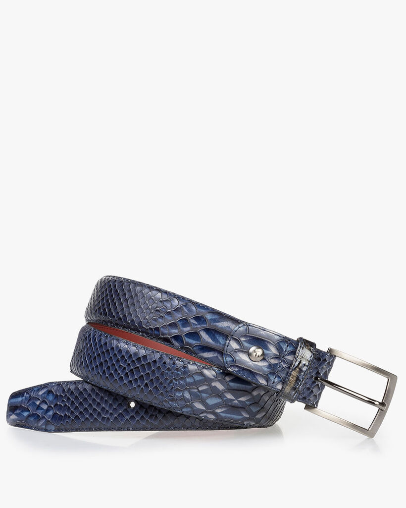 Blue calf leather belt with a snake print