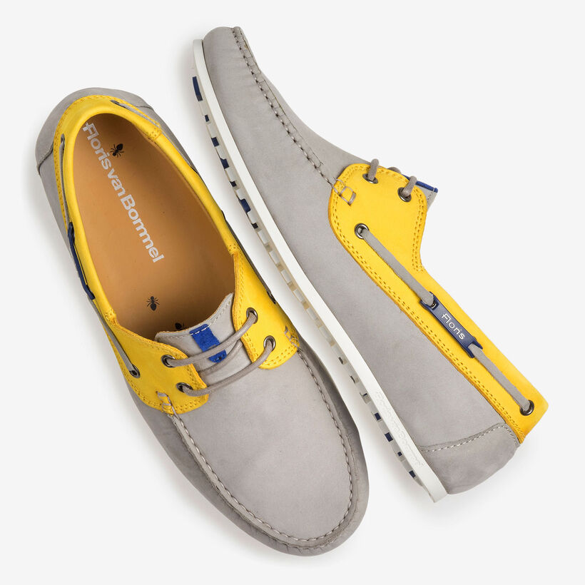 Grey and yellow nubuck leather boat shoe