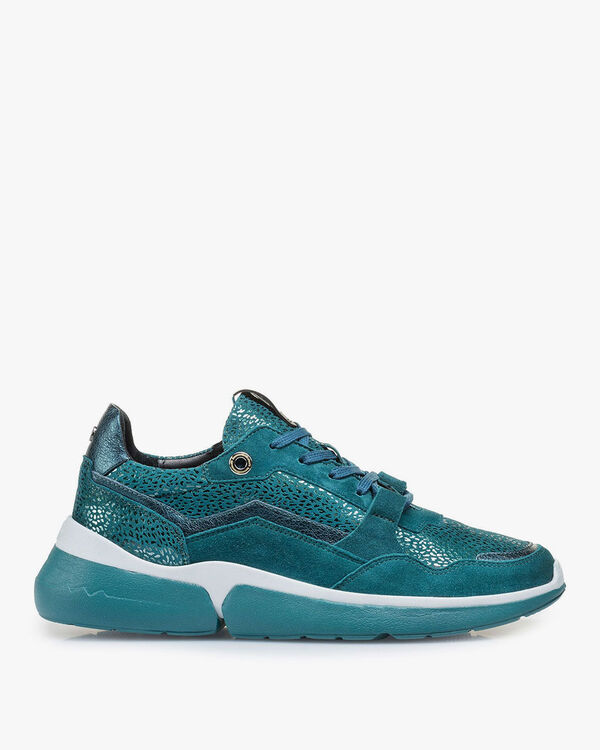 Blue suede leather sneaker with metallic print