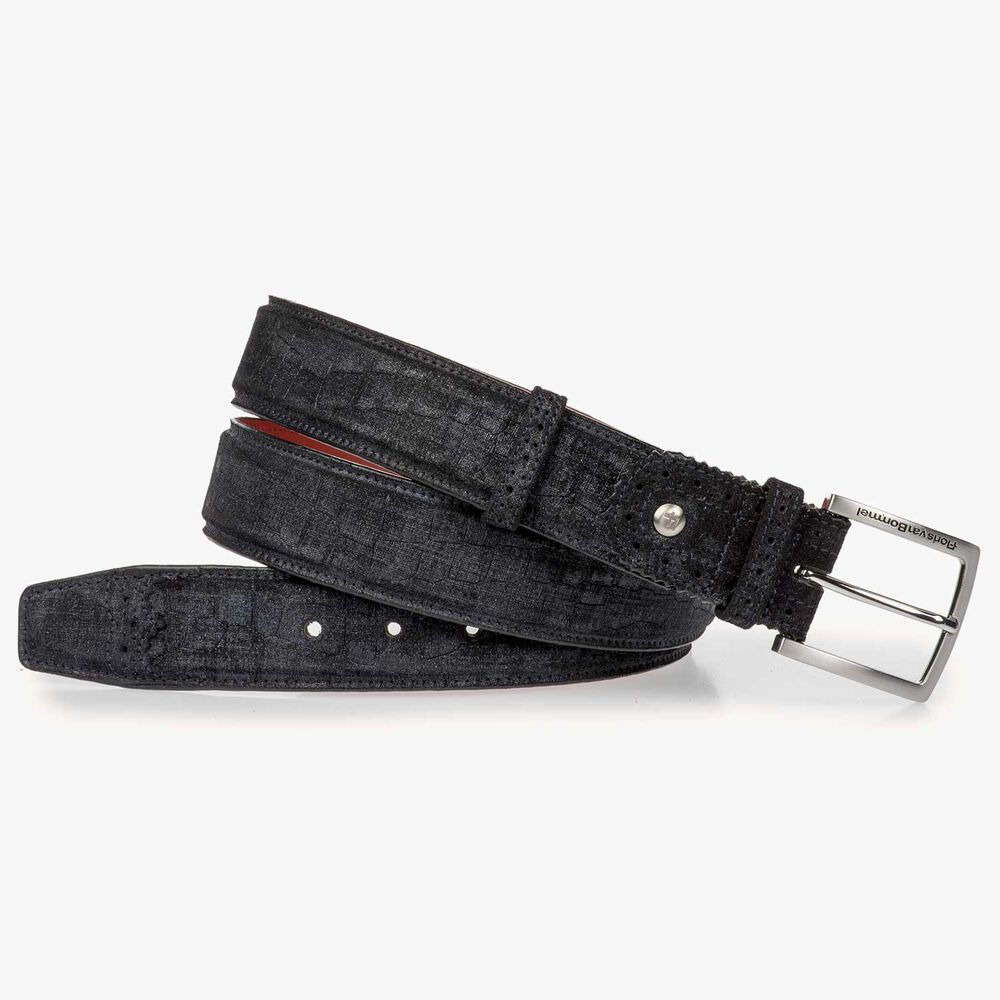 Blue suede leather belt with a check pattern