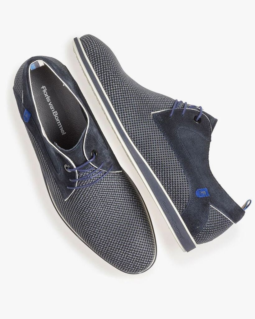 Blue suede leather lace shoe with print