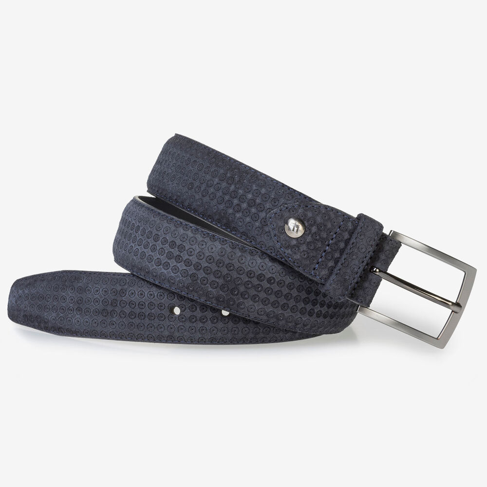 Blauwe su&egrave;de riem met print