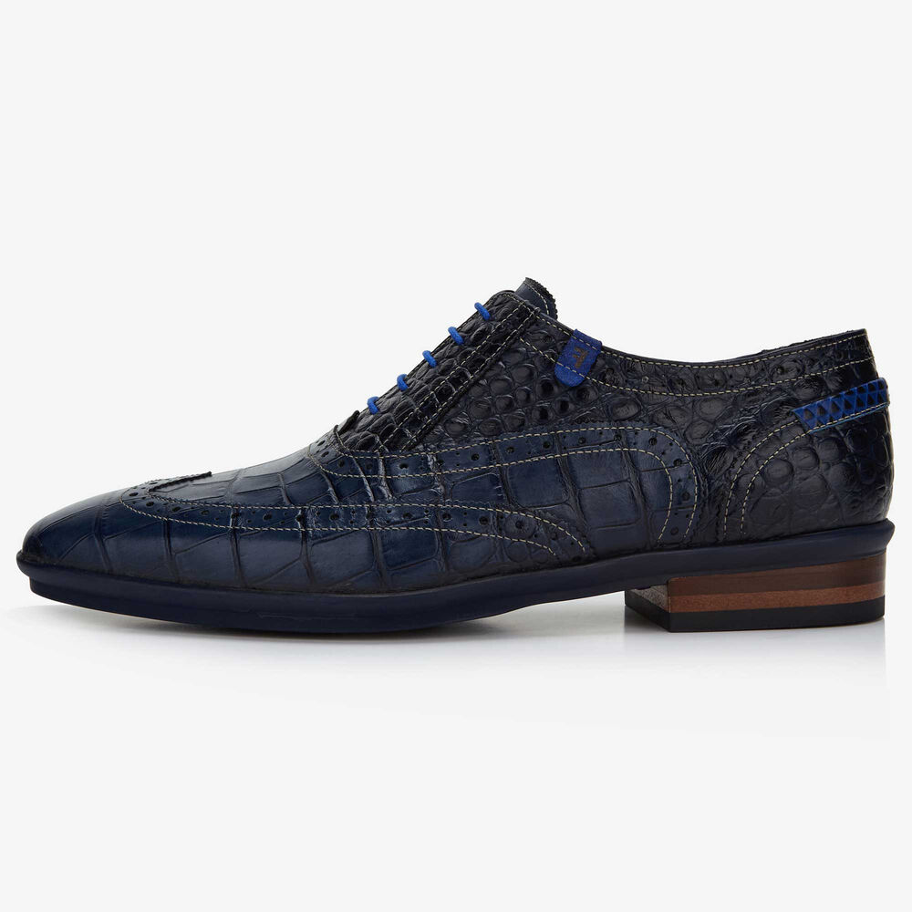 Floris van Bommel dark blue crocodile print men's lace-up shoe