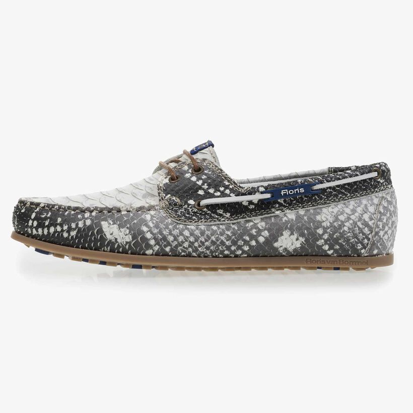 Grey leather boat shoe with snake print