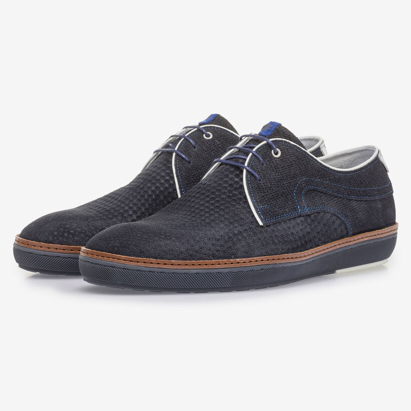 Blue suede leather lace shoe with print