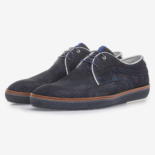 Blue suede leather lace shoe with print