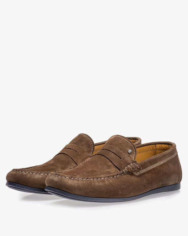 Taupe-coloured suede leather loafer