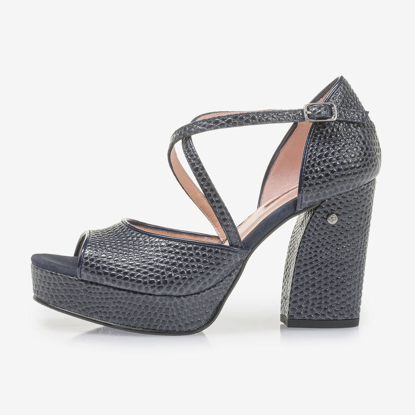 Dark blue high-heeled leather sandals with print