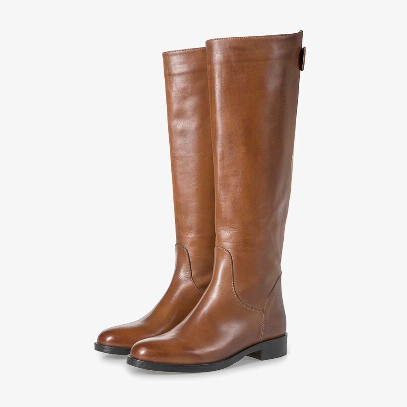 Cognac-coloured calf leather high boots