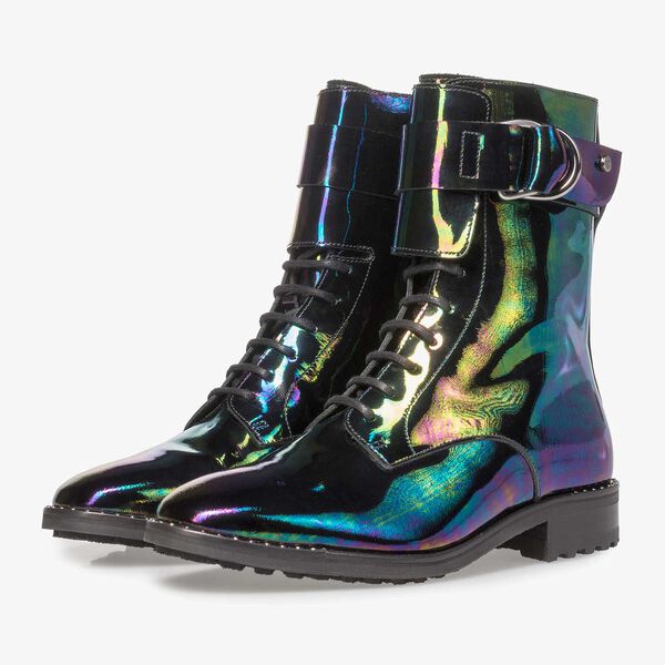 Multi-coloured patent leather lace boot