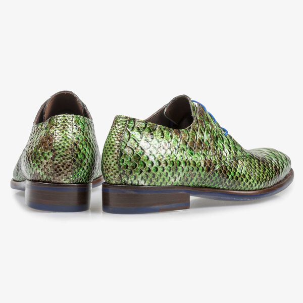 Green patent leather snake print lace shoe