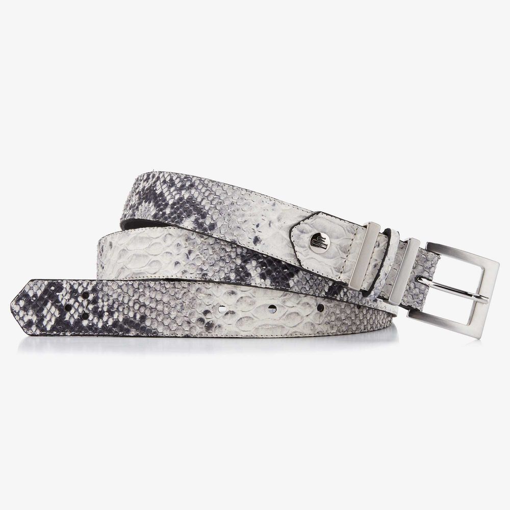 Grey leather women's belt with snake print