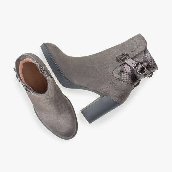 Grey nubuck leather ankle boots with snake print