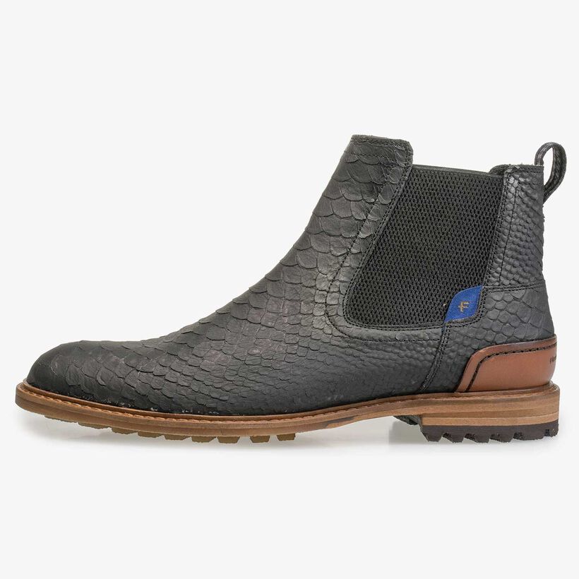 Grey leather Chelsea boot with snake print