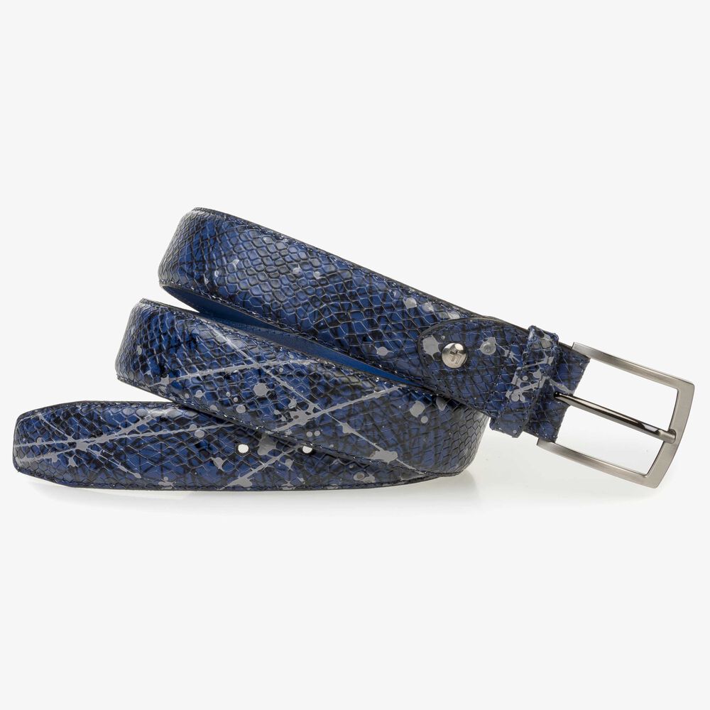 Blue calf leather belt with a print