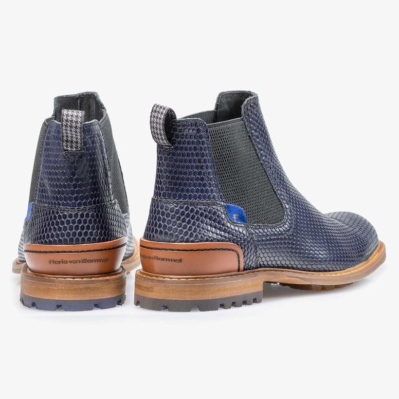 Dark blue leather chelsea boot with a structural print