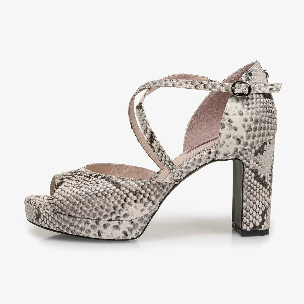 White snake print high-heeled leather sandal