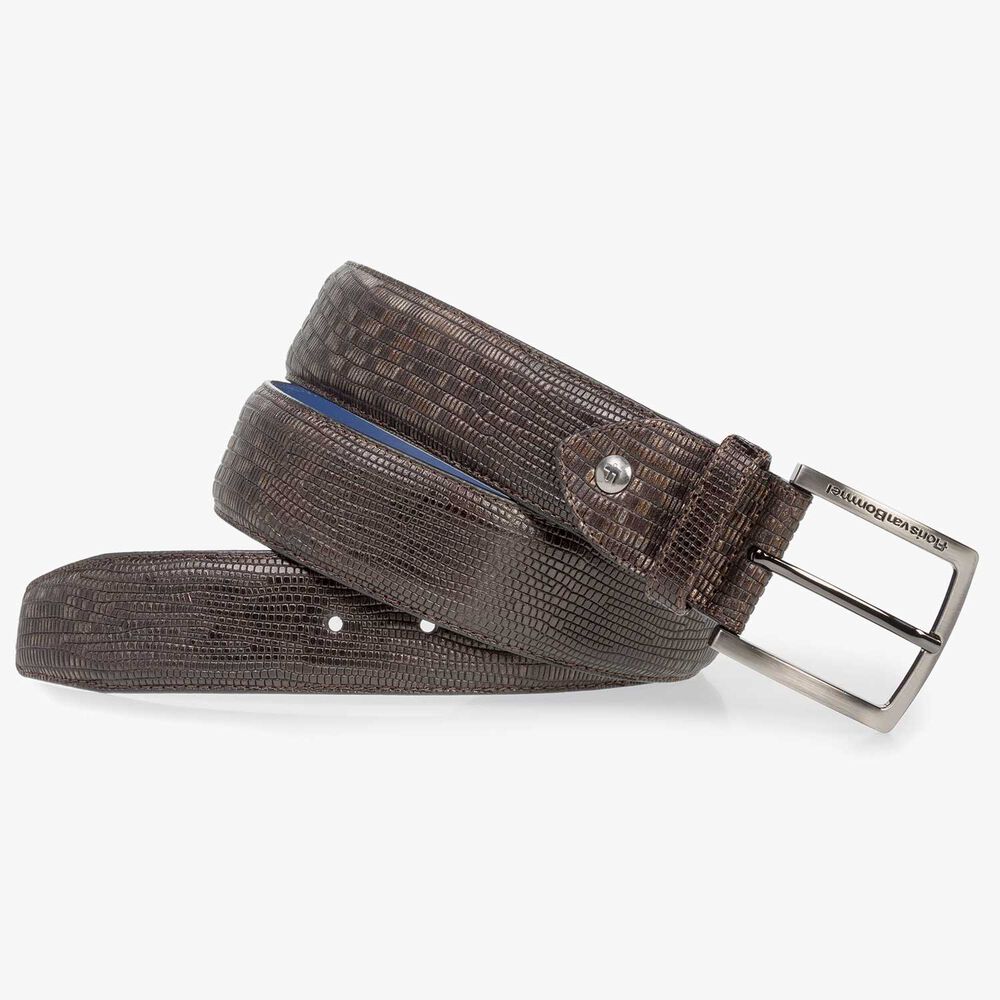 Dark brown leather belt with lizard print