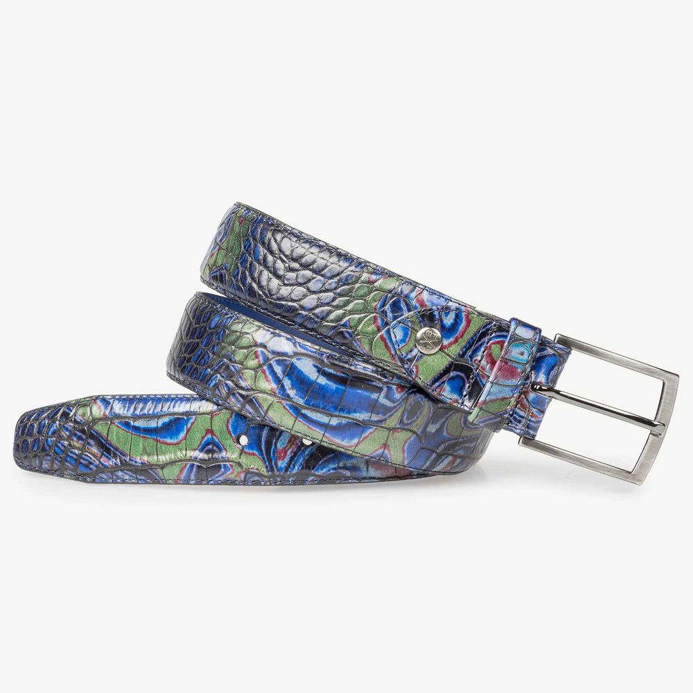 Blue Premium leather belt with croco print
