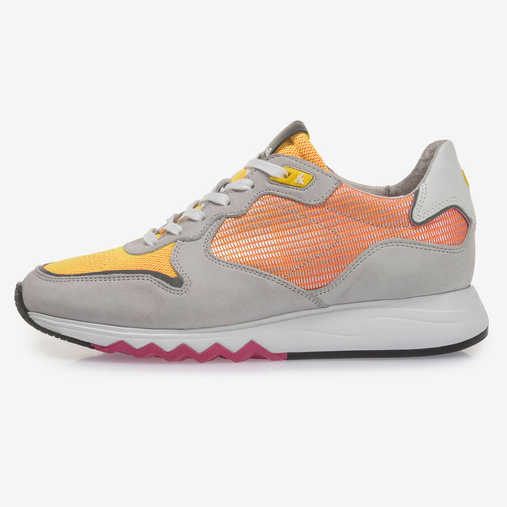 Grey leather sneaker with orange and yellow details