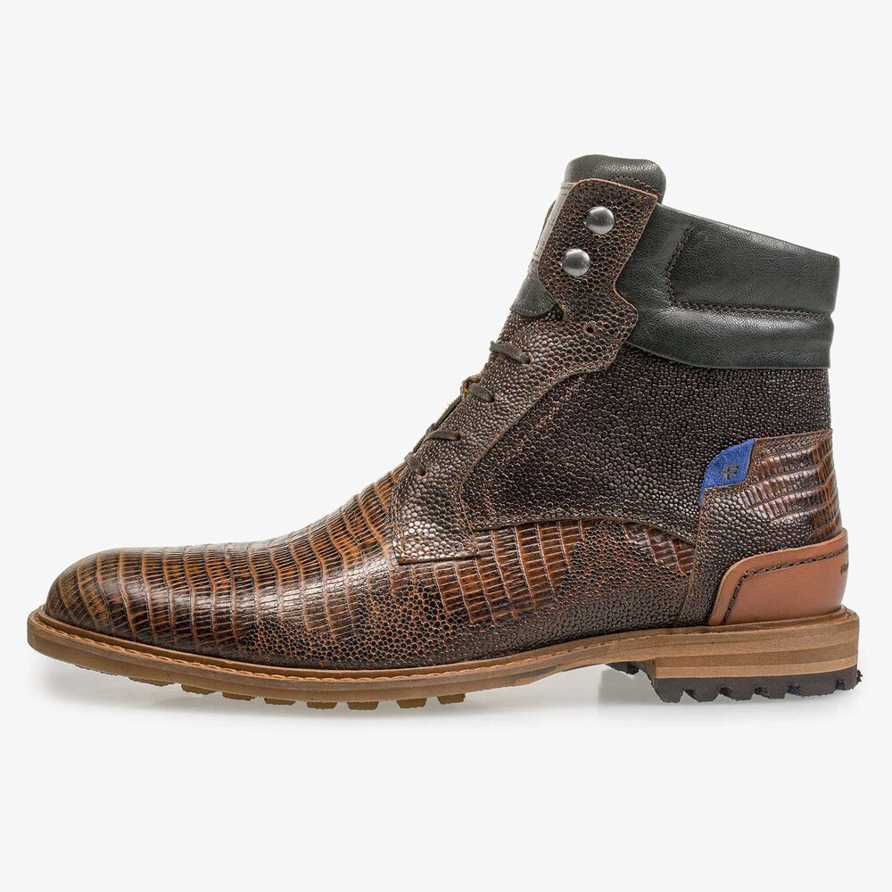 Cognac-coloured leather lace boot with lizard print